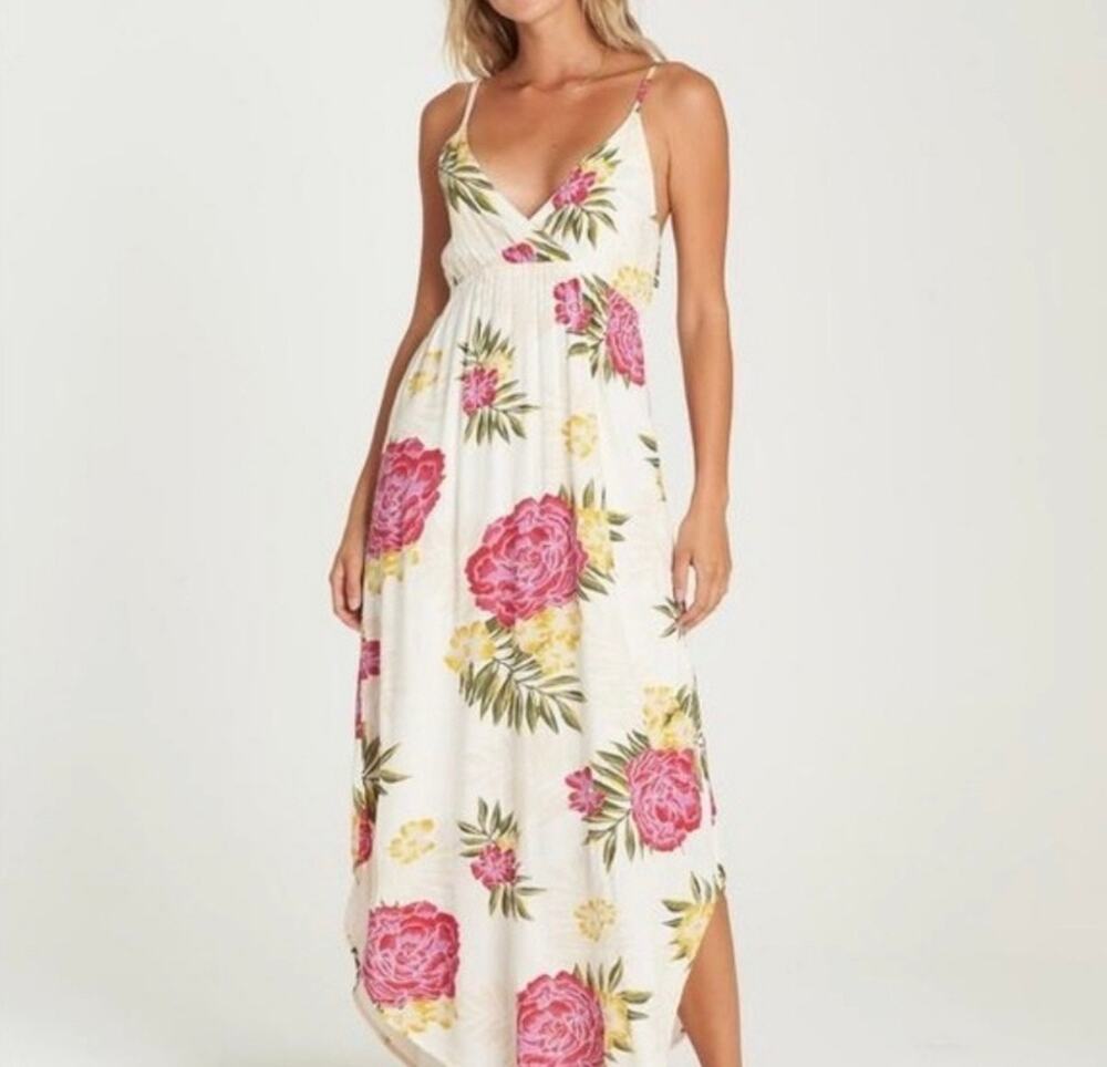 Billabong Floral Strappy Maxi Sundress Sz S Beach Resort Surf Girl Boho EUC